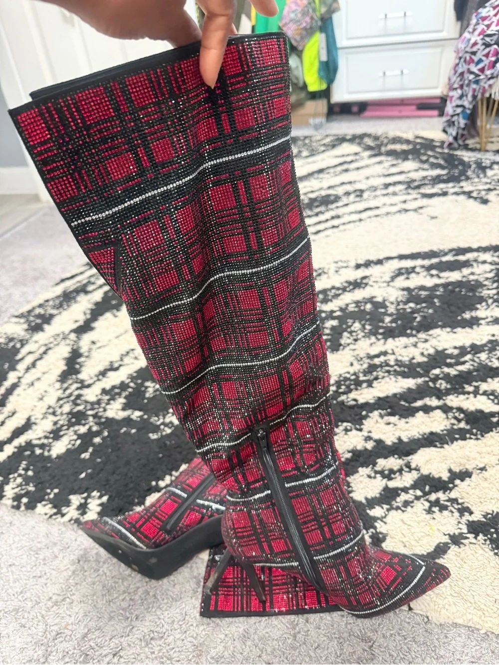 INC International Concepts Red Black Plaid Over-the-Knee Stiletto Boots